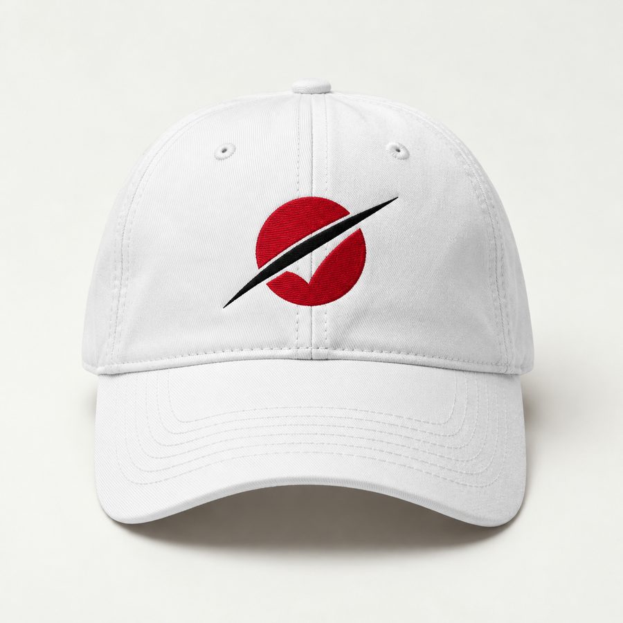 White cotton cap with the red disc and black line embroidered on the front