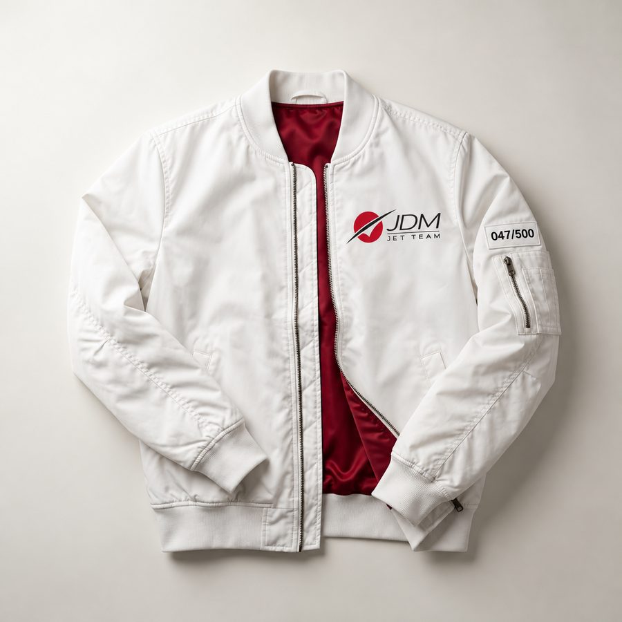 White nylon flight jacket with red lining and the team mark on the chest
