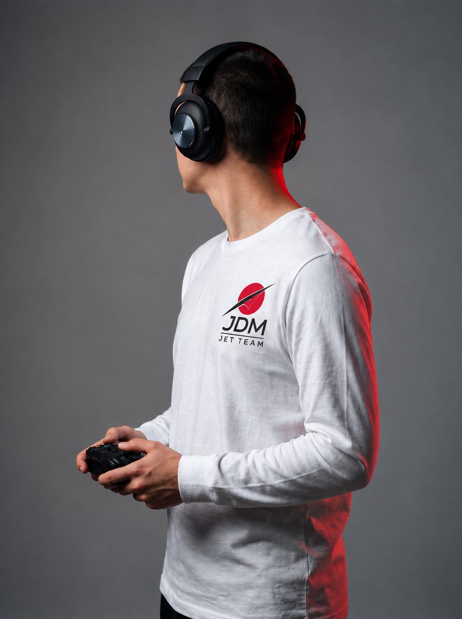 A JDM Jet Team gamer in a white long-sleeve jersey, headset on, controller in hand, turned away