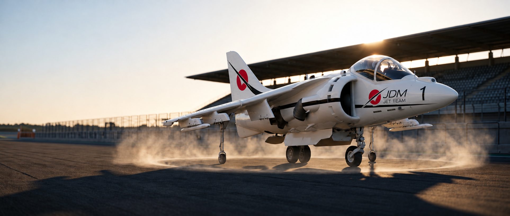The white JDM Jet Team Harrier lifting off a circuit apron at sunrise, dust ringing the tarmac beneath it