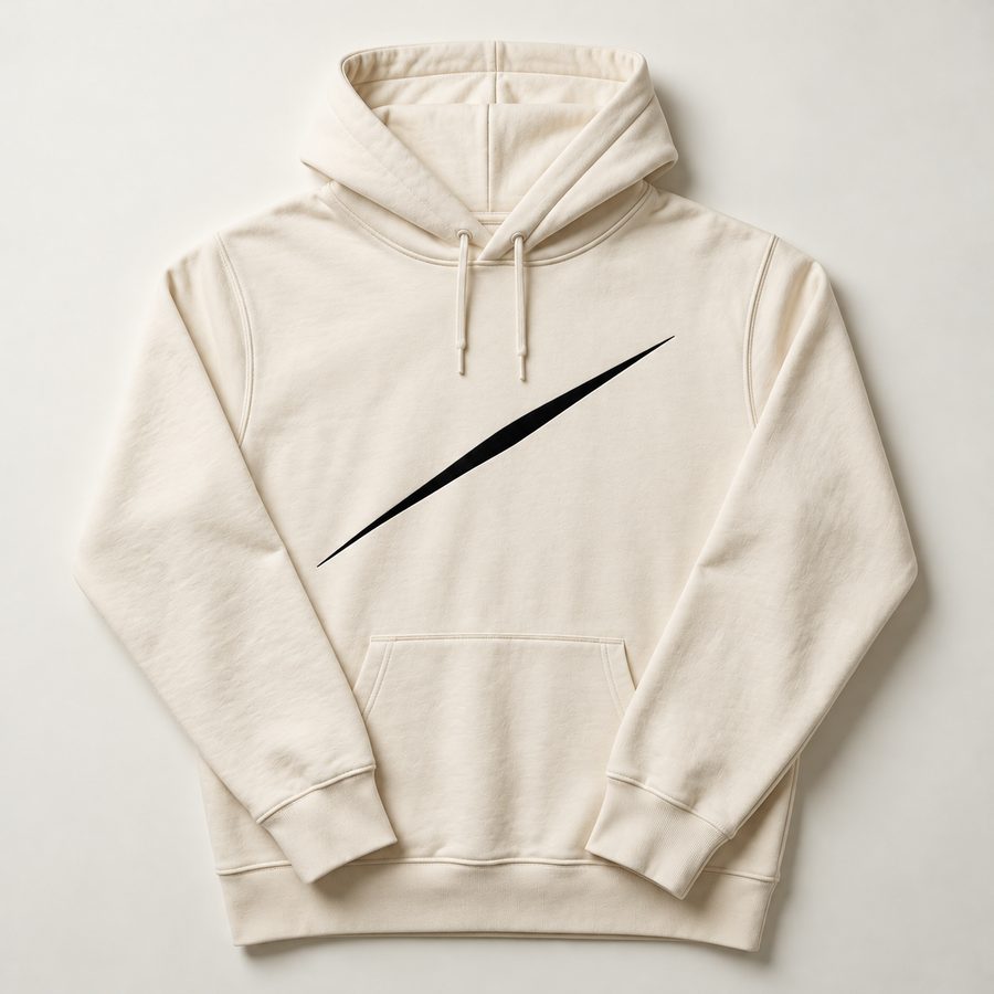 Off-white hoodie with a single black line embroidered across the chest