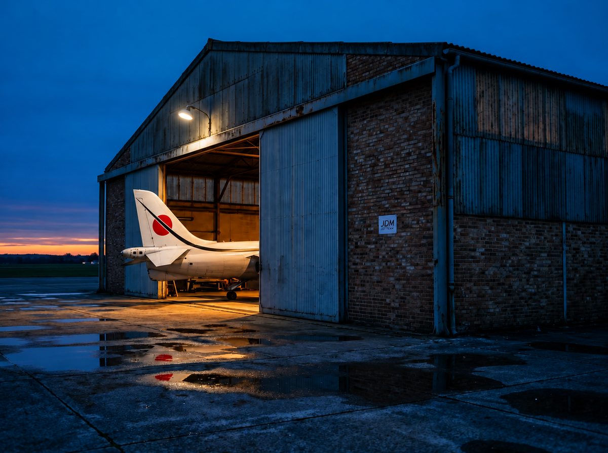 A hangar door at Le Bourget at dusk, one light on inside.