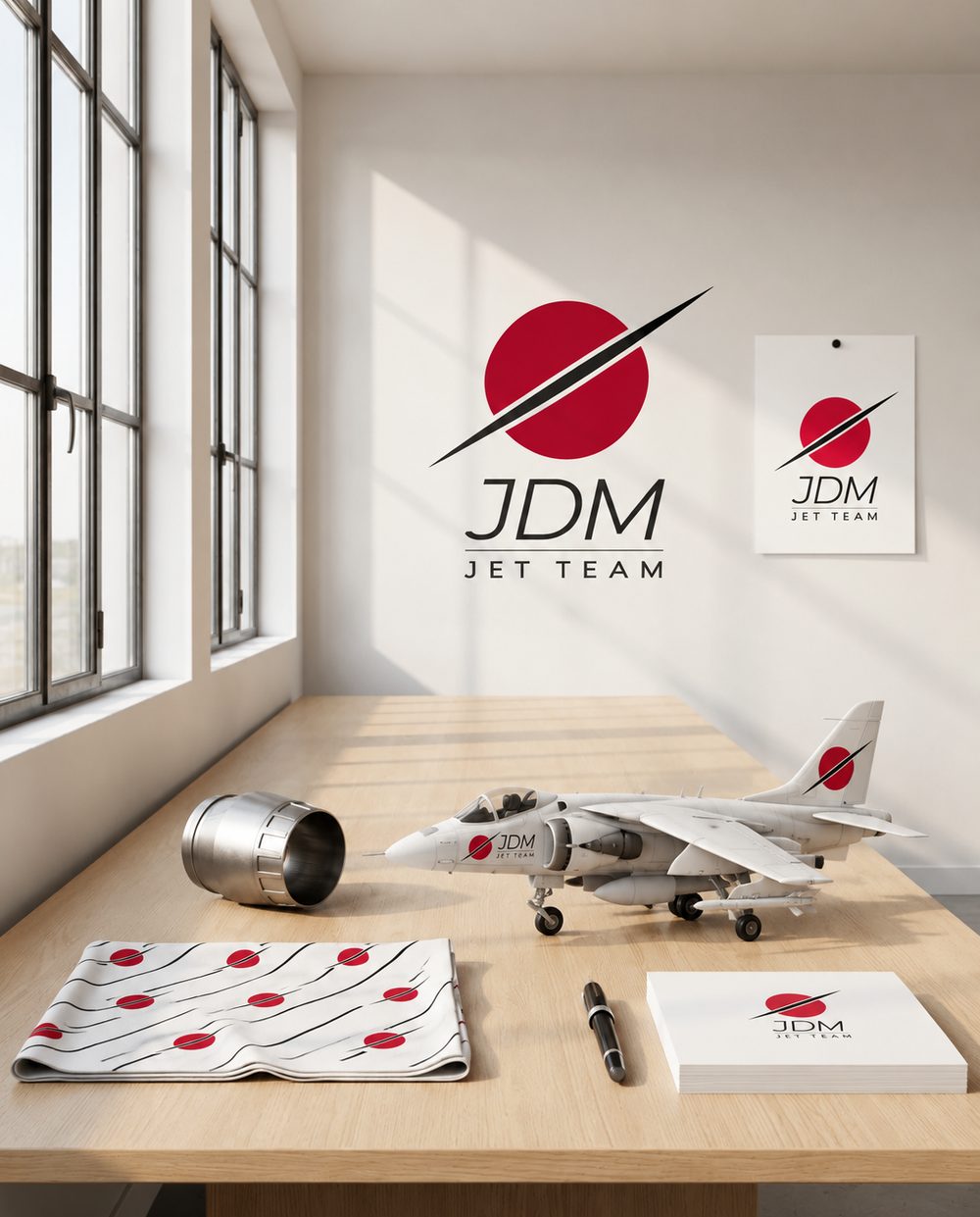 The Le Bourget studio: an oak table with a silk scarf, a nozzle casting and a model Harrier, the mark on the wall