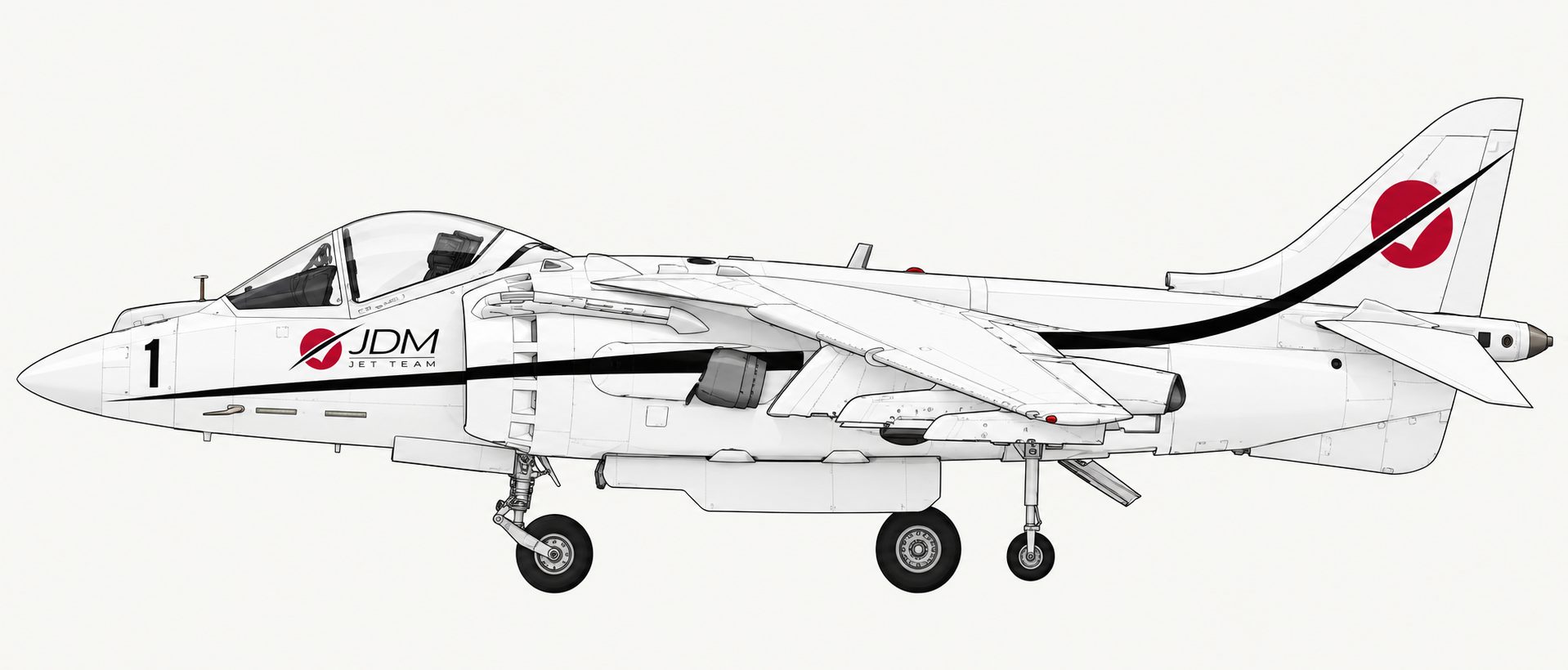 Side-profile drawing of the white JDM Jet Team Harrier with five numbered partner positions