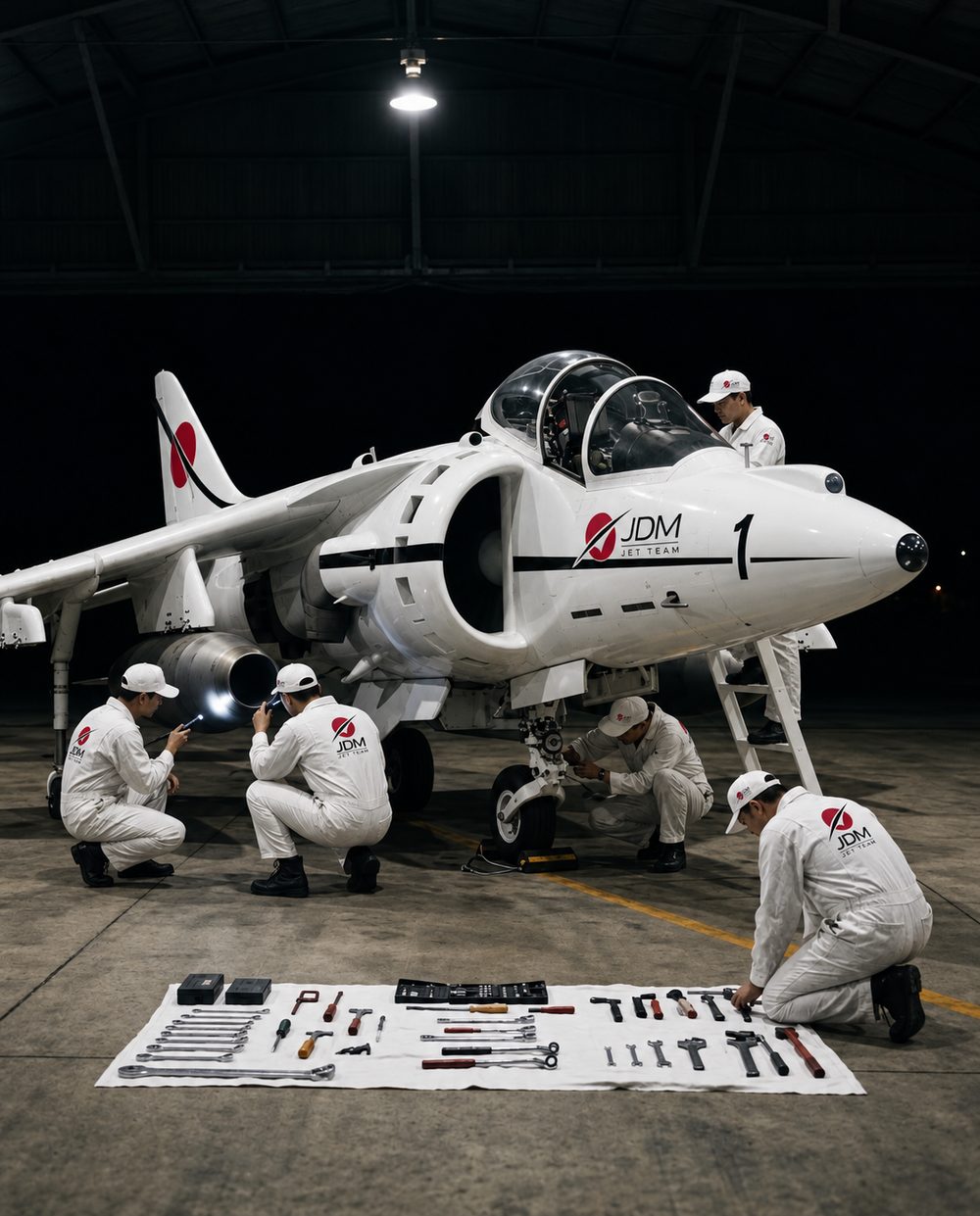 Four crew in white workwear around a Harrier in a dark hangar, documentary.