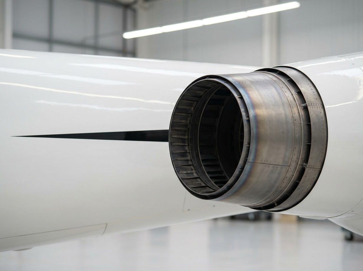 Harrier nozzle detail, white paint, hangar light.