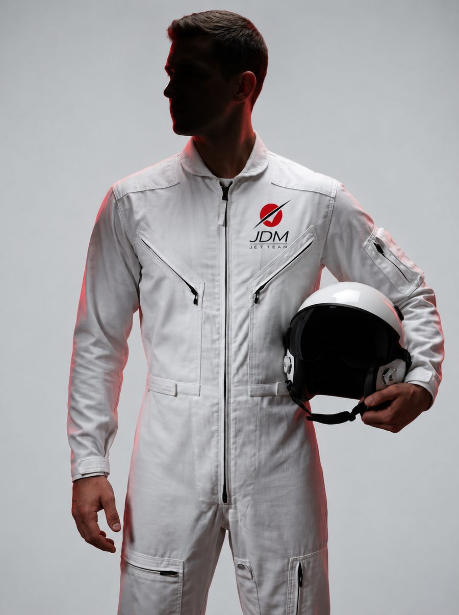 A JDM Jet Team pilot in a white flight suit, helmet under one arm, face turned into shadow