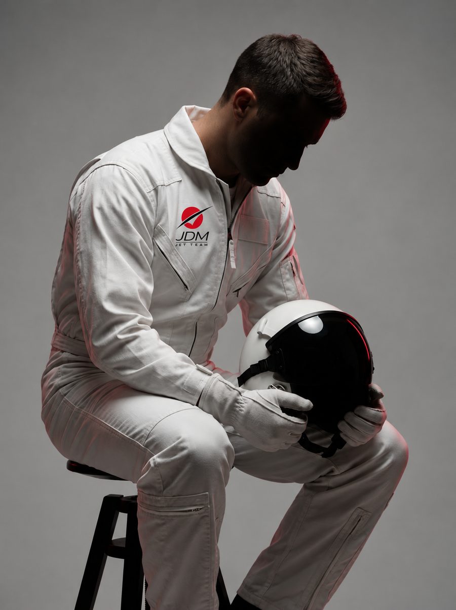 A JDM Jet Team pilot seated on a stool, white helmet held in both hands, head bowed in shadow