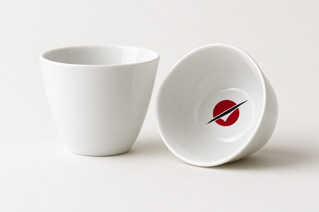 Two white porcelain sake cups, one tipped to show a red disc glazed inside