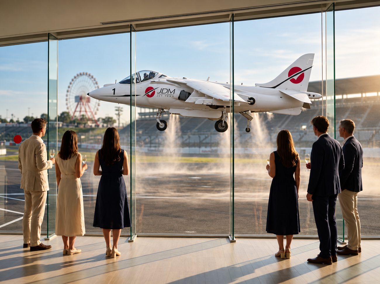 Guests in the Salon at Suzuka with the Harrier hovering outside