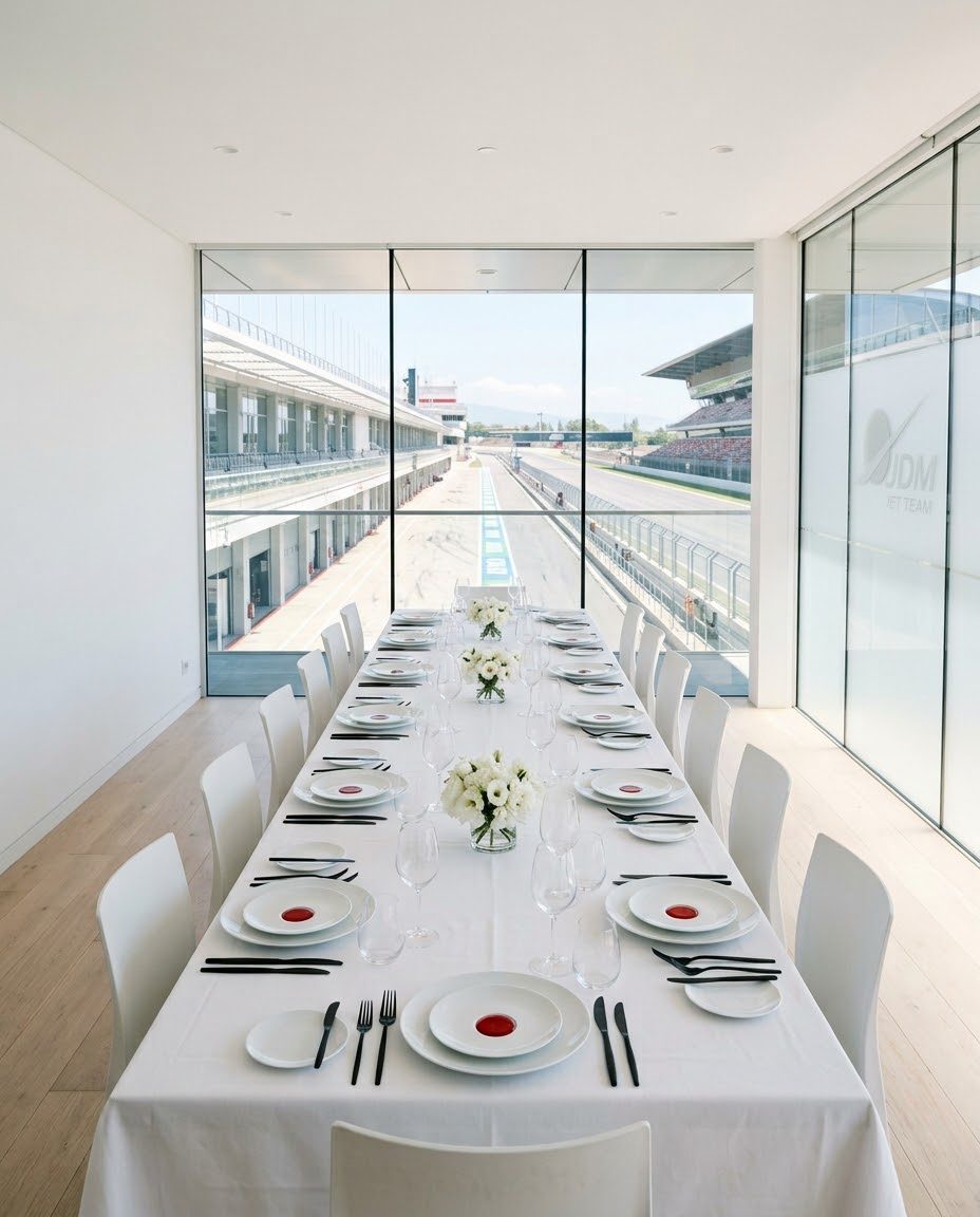 Inside the Salon: a long table set in white linen, the circuit through floor-to-ceiling glass, red disc etched on the pane.