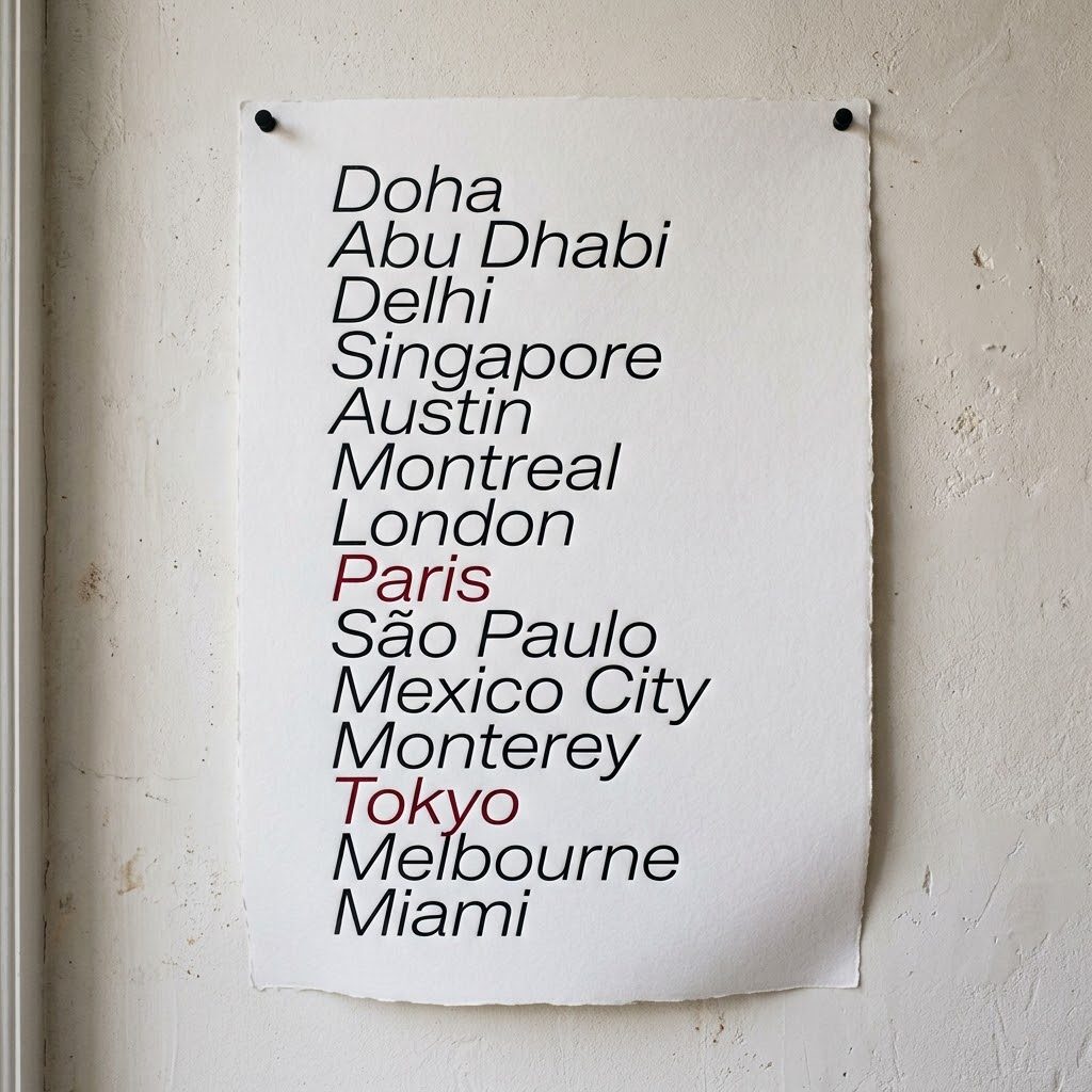 Letterpress poster listing the fourteen rounds of Season 2029, Paris and Tokyo in red