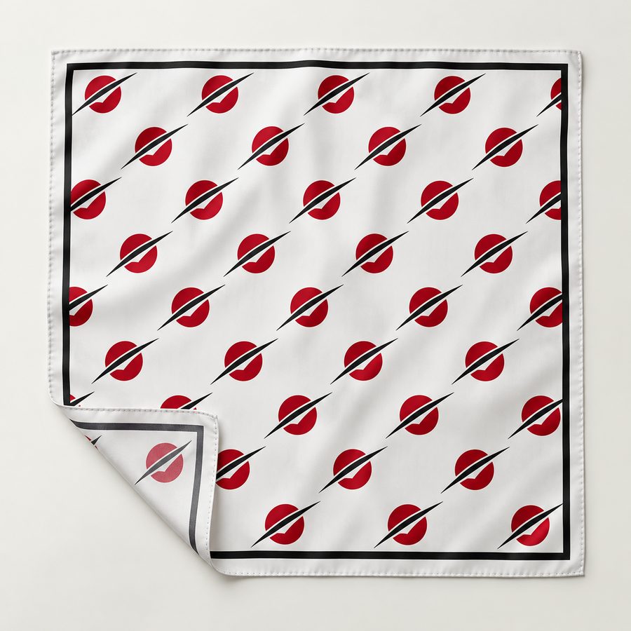 Silk scarf printed with rows of red discs crossed by black lines
