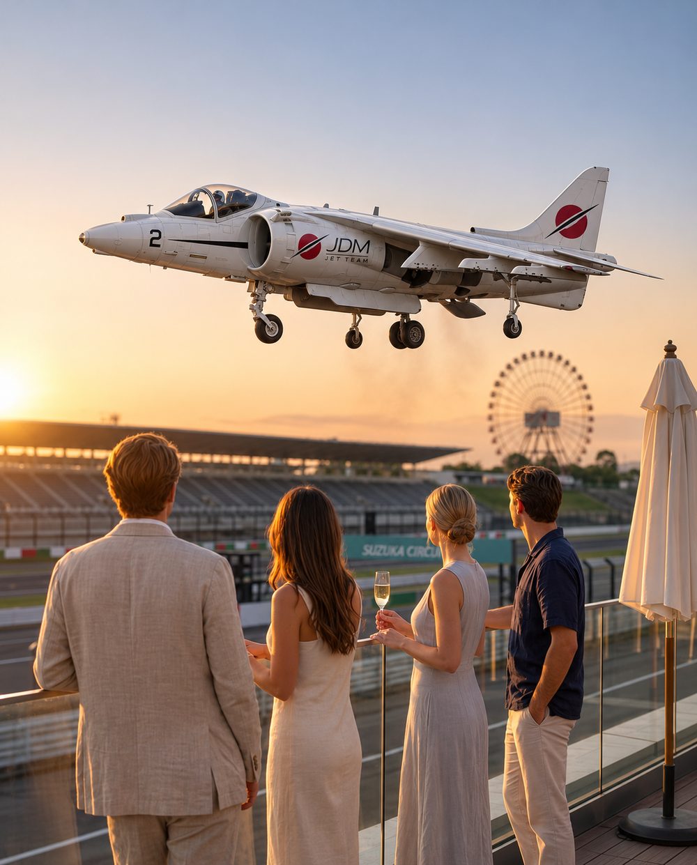 Guests on the Suzuka roof terrace at sunset, the white Harrier hovering above the circuit