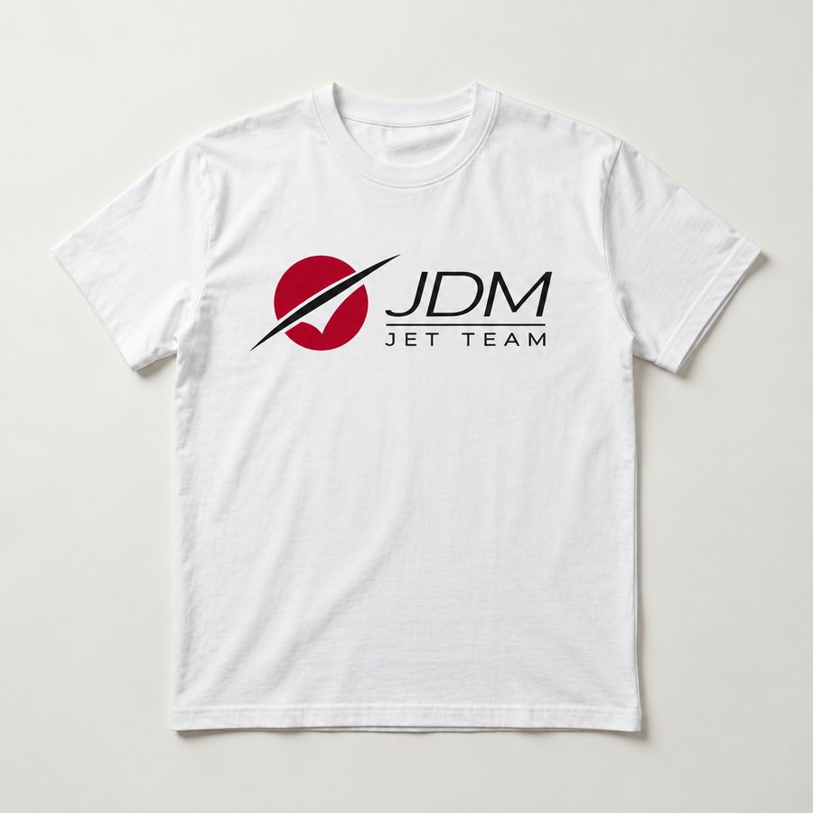 White t-shirt with the JDM Jet Team logo printed on the chest